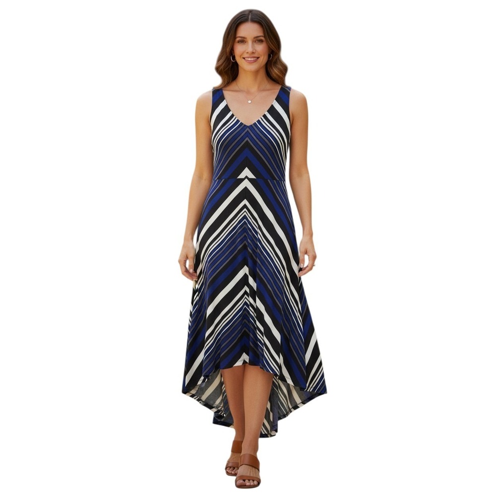 Donna Ricco Diagonal Stripe Blue/Multi High-Low Sleeveless Midi/Maxi Dress M NWT